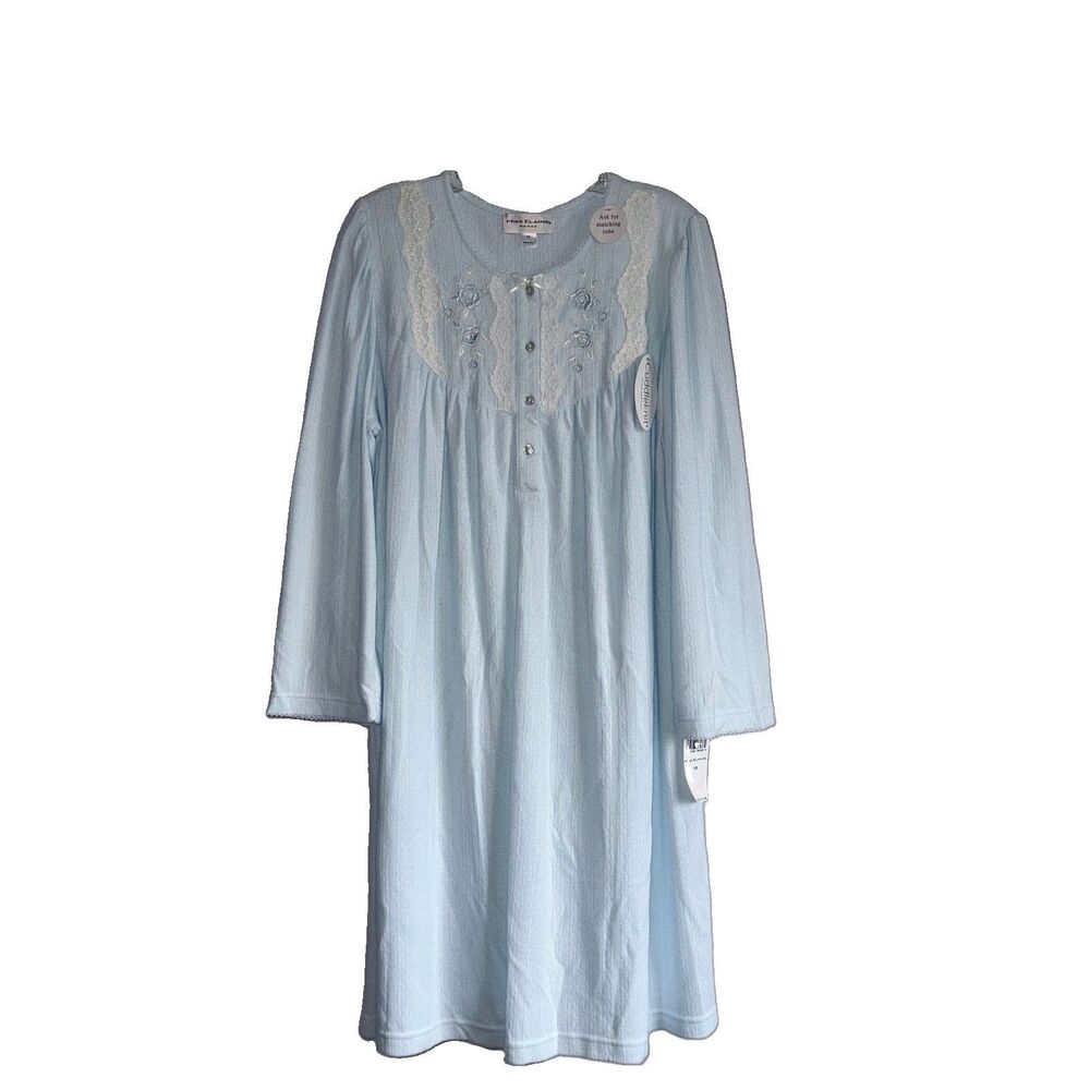 Miss Elaine Blue Cuddleknit Nightgown Plus Size 1X NEW Long Sleeve Embroidered